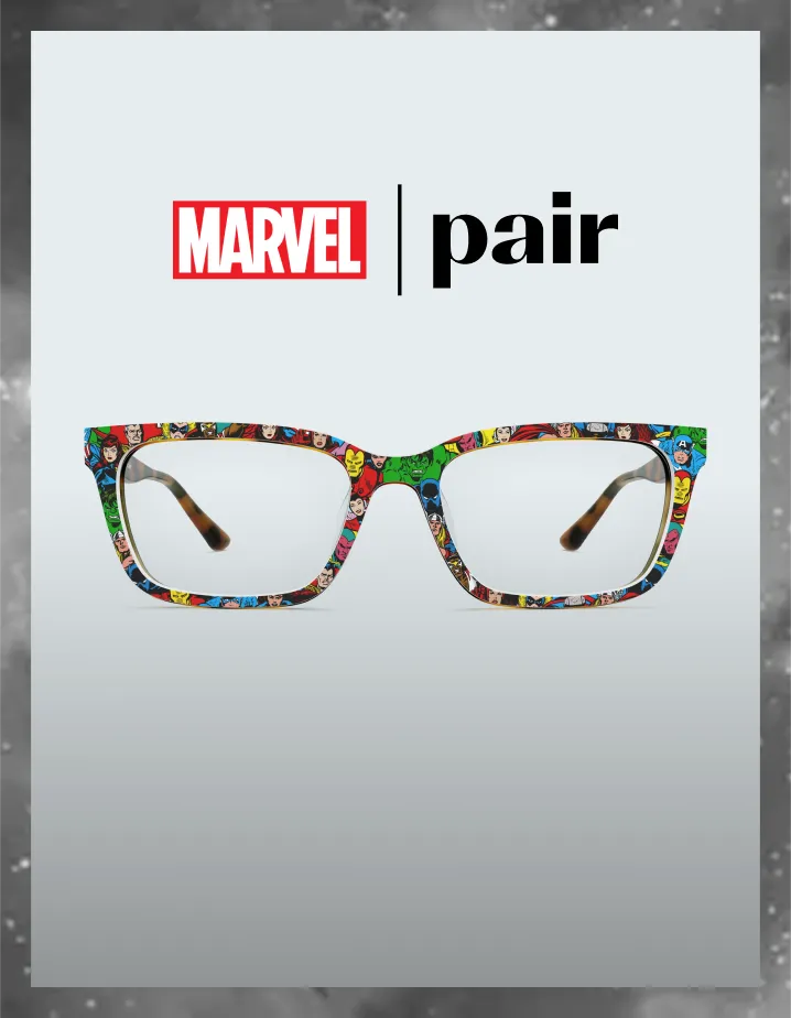 Colorful superhero-themed glasses with Marvel and pair logos on top.
