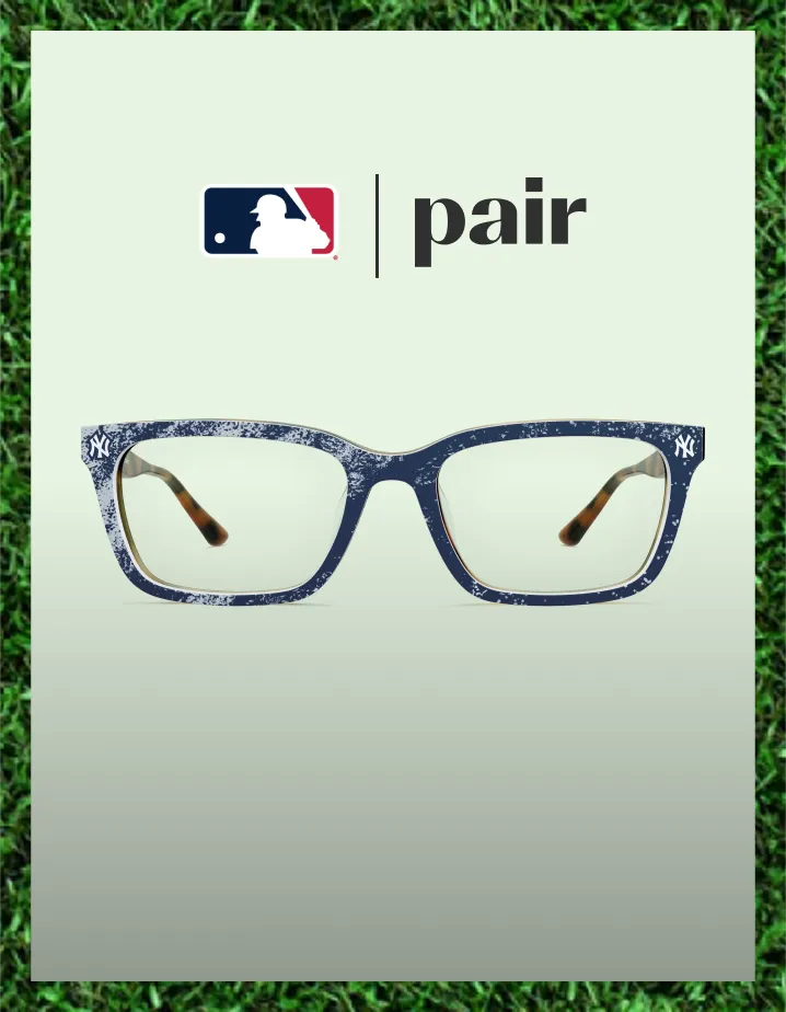 Rectangular glasses with MLB logo and 'pair' text on green grass background.