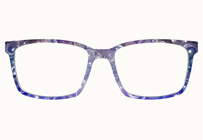 A pair of eyeglass frames with a purple and blue galaxy pattern, isolated on a white background.