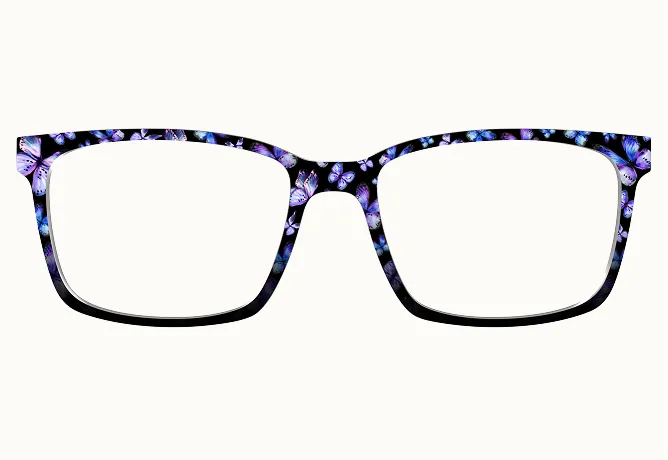 A pair of eyeglasses with black frames featuring a pattern of small purple and blue butterflies.