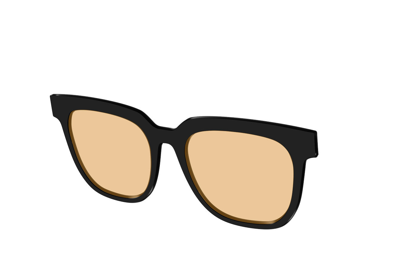 Black sunglasses with orange lenses on a white background.
