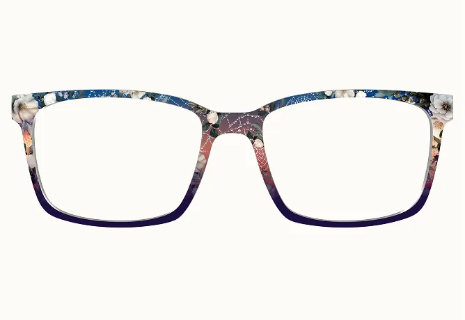 A pair of eyeglass frames with a colorful floral and spiderweb pattern against a white background.