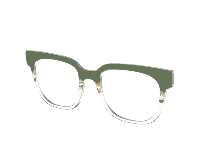 Green eyeglass frames with a colorful pattern on the inner sides.