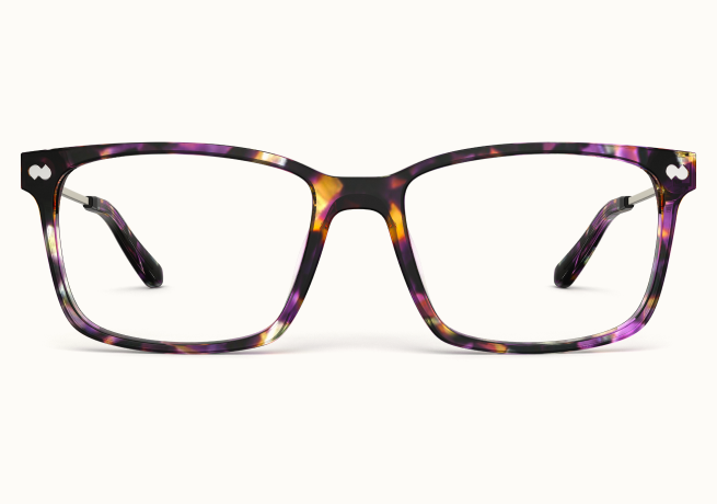 A pair of square-framed eyeglasses with a purple, black, and yellow tortoiseshell pattern.