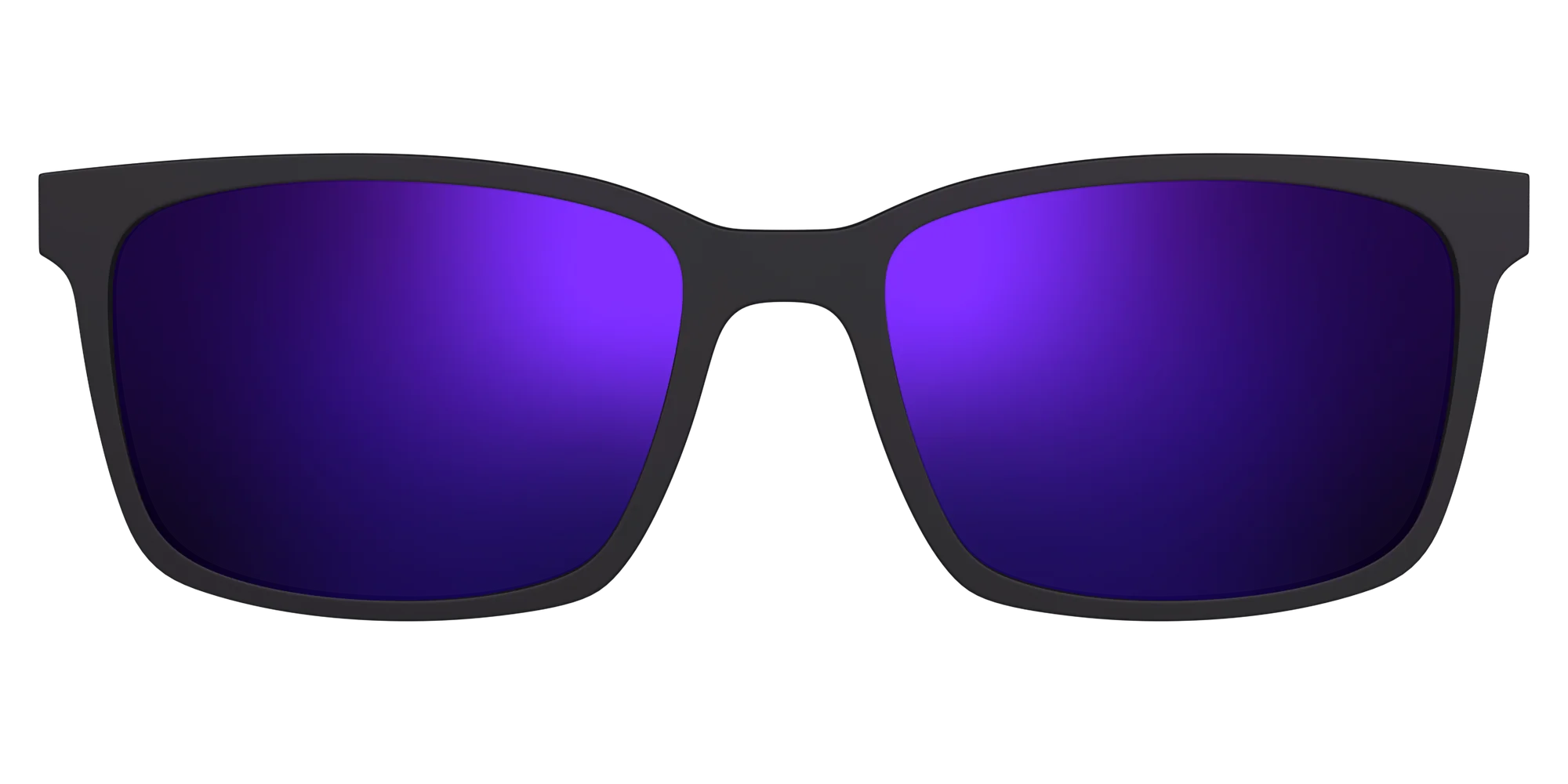 Black sunglasses with purple lenses on a white background.