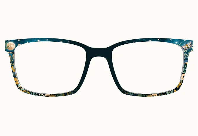 A pair of eyeglasses with a dark blue frame decorated with a night sky, floral, and butterfly pattern.