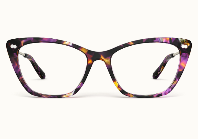 A pair of cat-eye eyeglasses with purple, black, and yellow tortoiseshell frames against a white background.