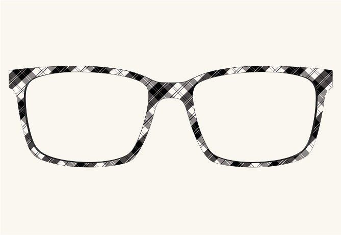 Plaid-patterned eyeglass frames against a plain background.