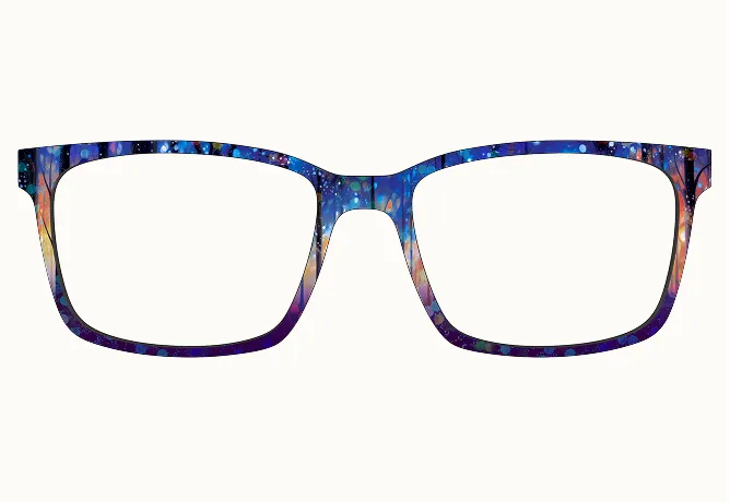 A pair of eyeglass frames with a colorful, abstract pattern depicting a forest at night against a white background.