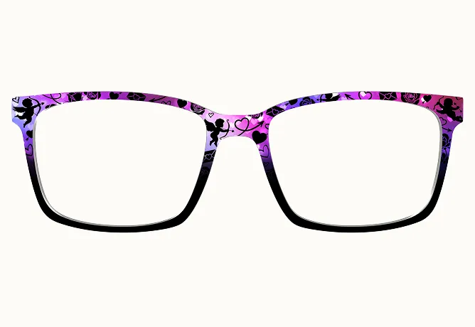 A pair of glasses with purple and pink frames featuring a pattern of black cupids and hearts.