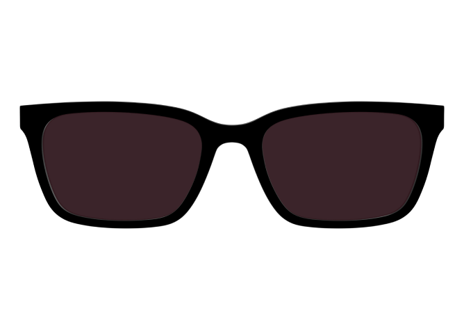 Black sunglasses with dark lenses on a white background.