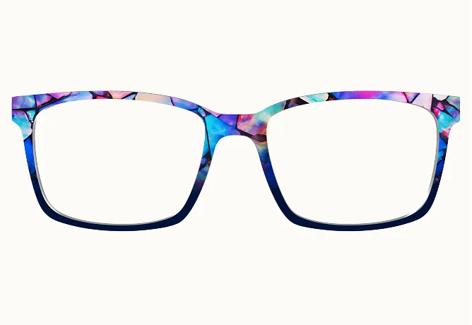 A pair of eyeglass frames with a colorful blue, purple, and pink abstract pattern on a white background.