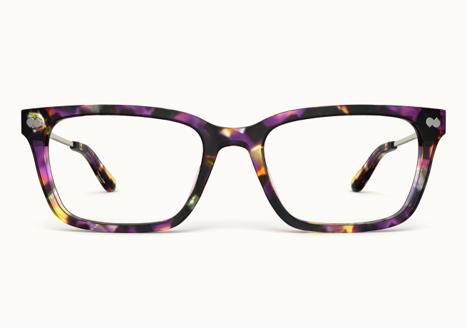 A front view of rectangular eyeglasses with a purple, black, and yellow tortoiseshell pattern.