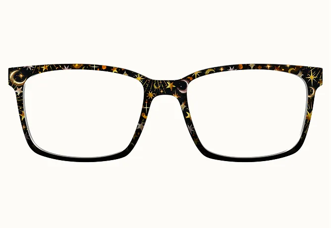 A pair of black eyeglasses with a gold and silver celestial pattern of stars and moons.