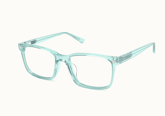 A pair of translucent light aqua rectangular eyeglasses shown at an angle on a white background.