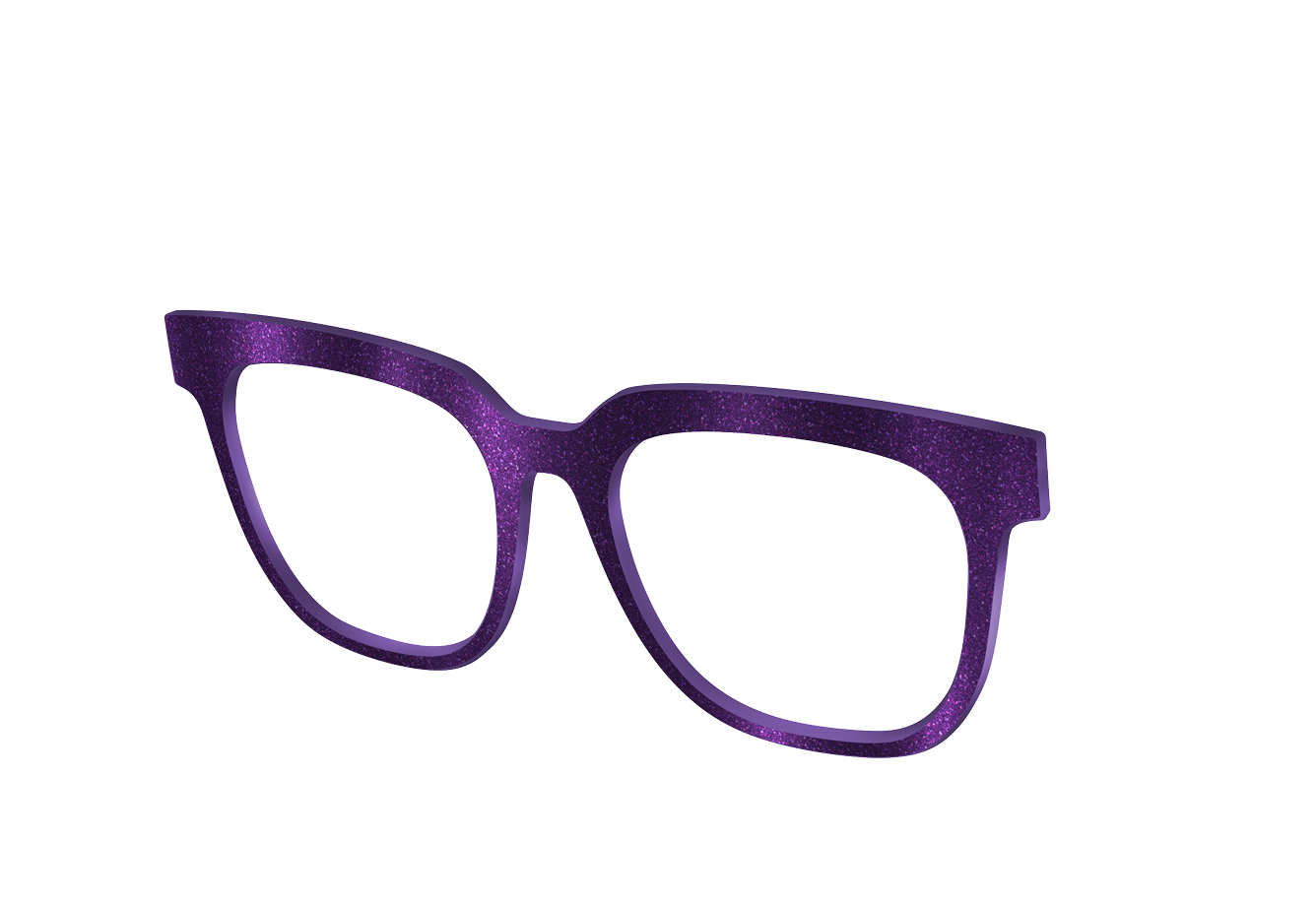Purple glittery eyeglass frames on a transparent background.