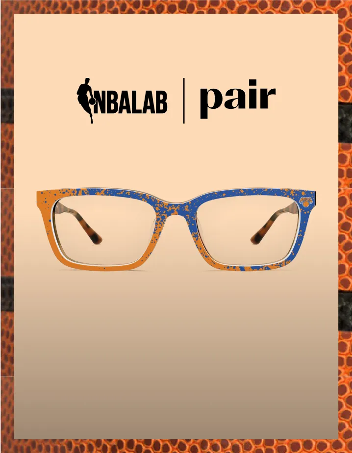 Colorful eyeglasses with NBALAB and pair logos on a textured background.