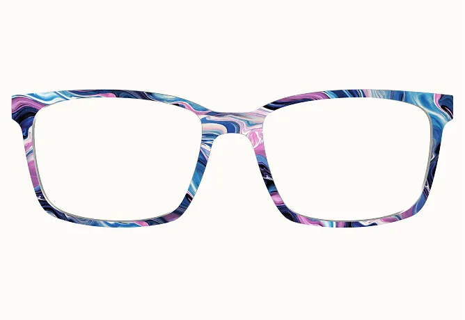 A pair of eyeglass frames with a blue, pink, and purple swirled marble pattern on a white background.