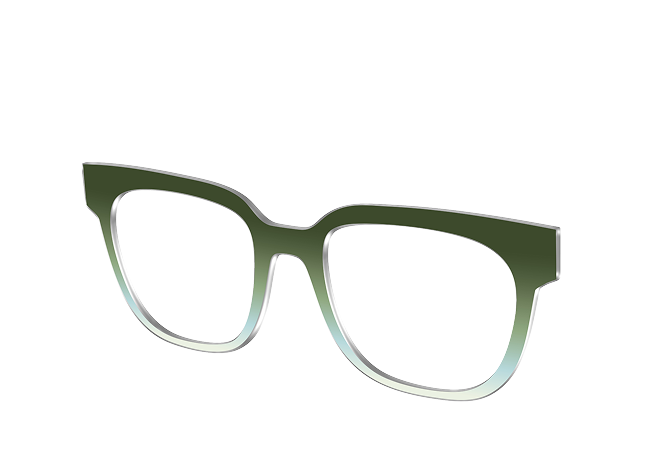 Green eyeglass frames on a transparent background.