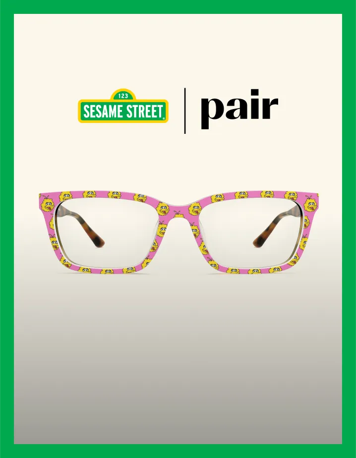 Colorful glasses with cartoon characters, Sesame Street logo, and 'pair' text above.