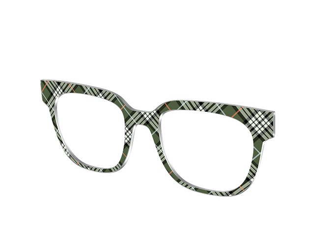 Plaid-patterned eyeglass frames on a transparent background.