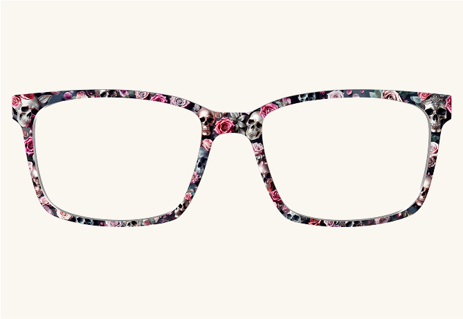 Glasses frame with floral and skull pattern on a light background.
