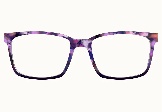 A pair of rectangular eyeglasses with a purple and pink patterned frame on a white background.