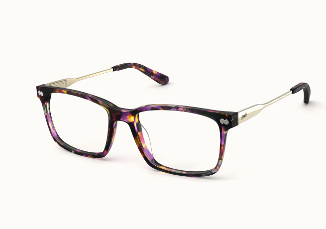 Rectangular eyeglasses with a purple and yellow tortoiseshell frame and thin gold arms.