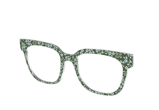 Green eyeglass frames with a white floral pattern on a transparent background.