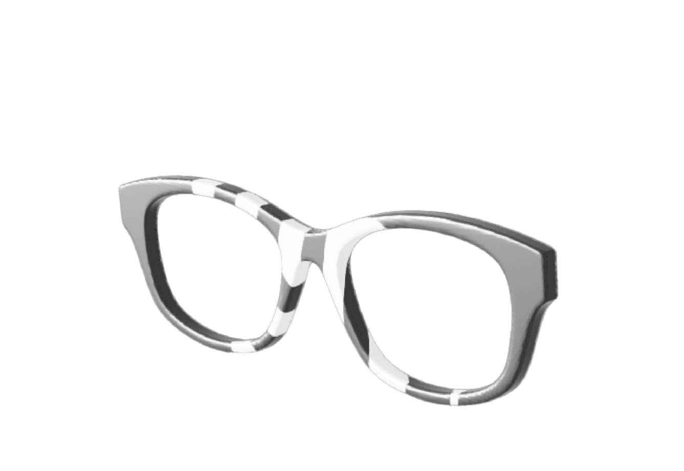Black and white striped eyeglass frames on a black background.