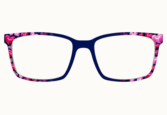 Blue eyeglass frame with pink and red heart patterns on the sides.