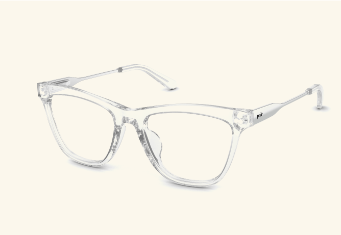Clear, rectangular eyeglasses with transparent frames on a light background.
