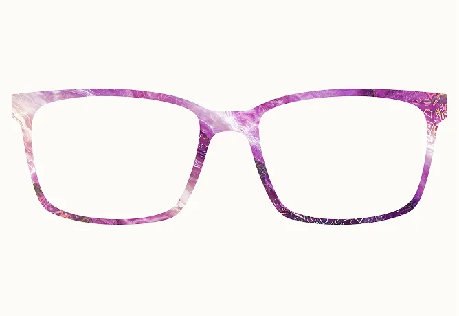 A pair of purple patterned eyeglass frames against a white background.