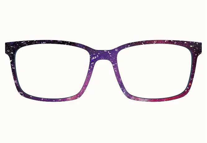 A pair of eyeglass frames with a purple and pink galaxy pattern on a white background.