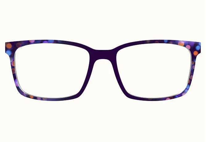 A pair of rectangular eyeglasses with dark purple frames featuring a multicolored dot pattern.