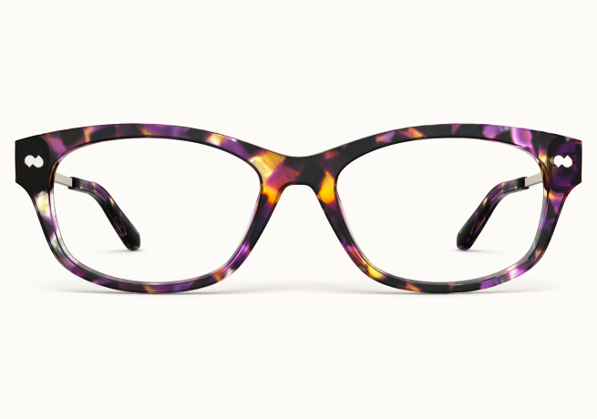 A pair of eyeglasses with purple and amber tortoiseshell frames on a white background.