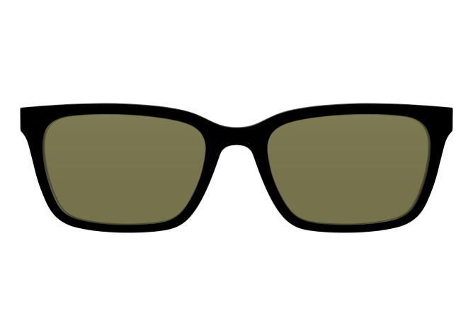 Black sunglasses with dark green lenses on a white background.