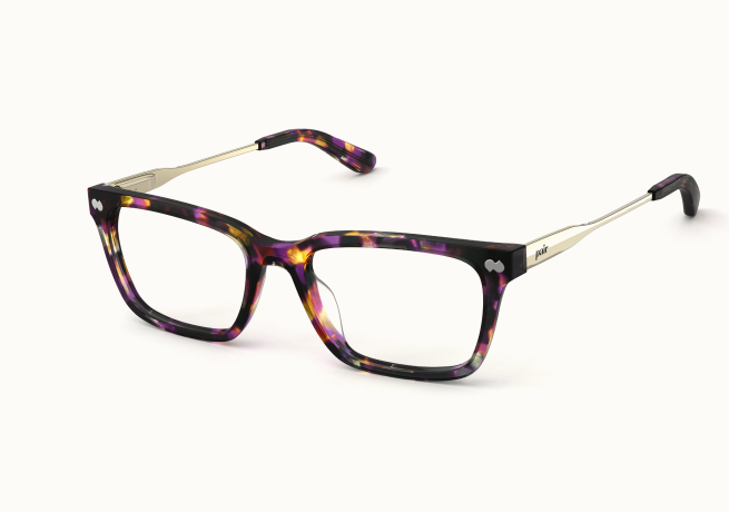 A pair of rectangular glasses with purple tortoiseshell frames and gold-colored arms, set against a white background.