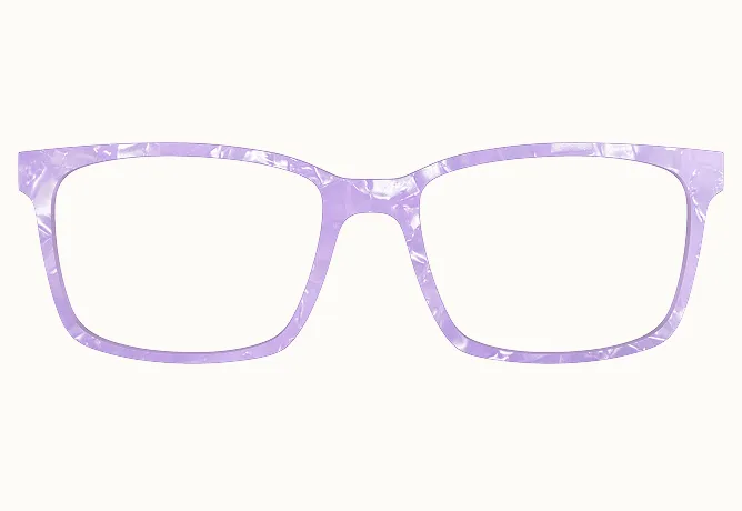 A pair of light purple eyeglass frames with a marbled pattern, shown on a white background.