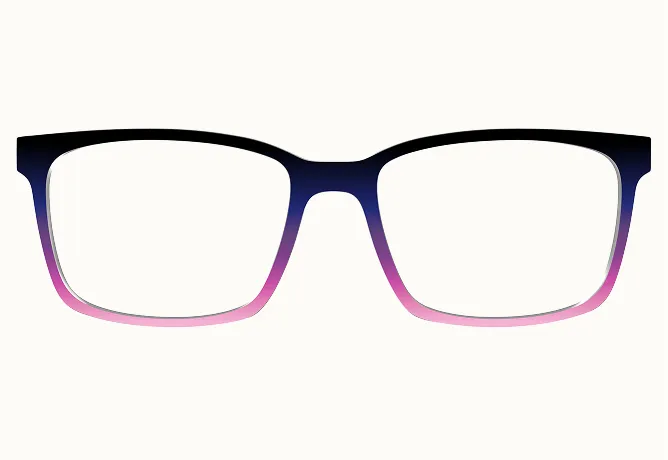 A pair of eyeglass frames with a color gradient from black at the top to pink at the bottom.