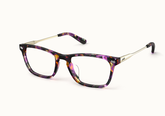 A pair of rectangular eyeglasses with purple and orange tortoiseshell frames and thin gold temples.