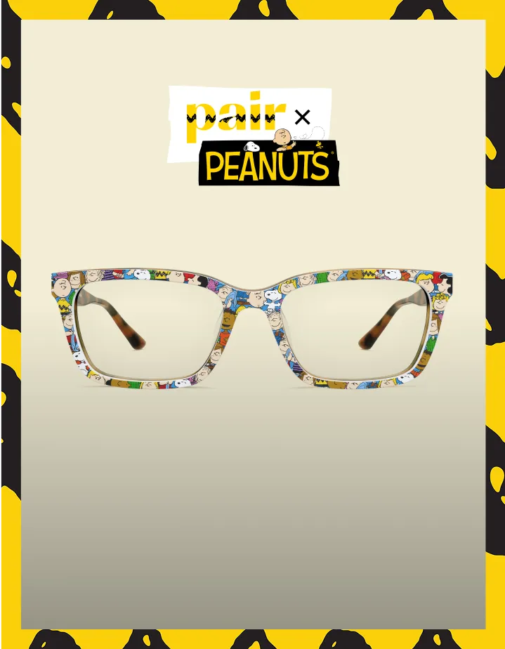 Eyeglasses with Peanuts characters design, pair x Peanuts branding, surrounded by a yellow and black border.