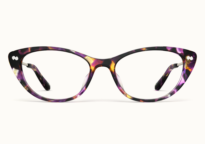A pair of cat-eye glasses with a purple and yellow tortoiseshell pattern against a white background.