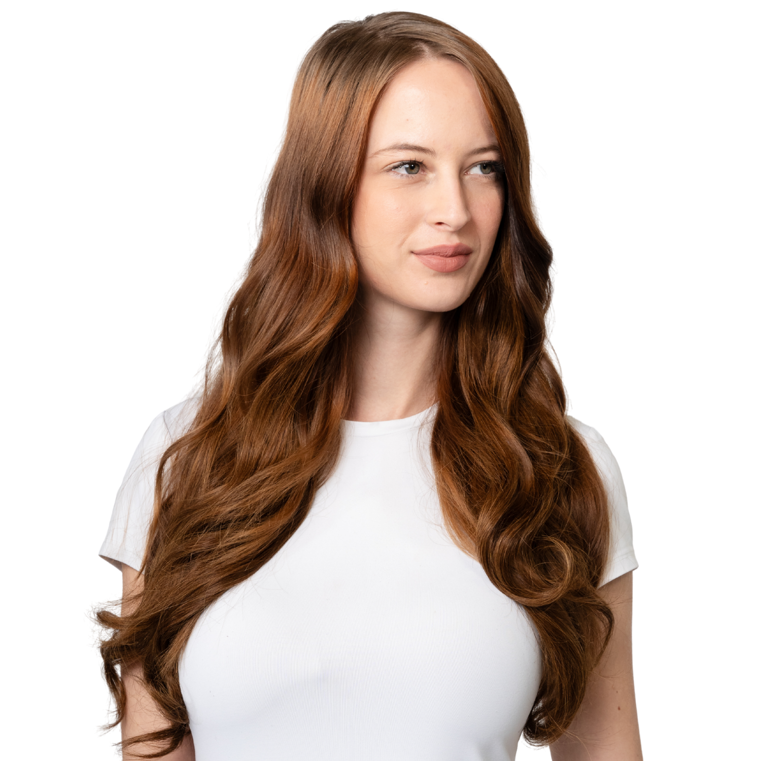 Model with long wavy auburn hair parted in the middle, wearing a white t-shirt.