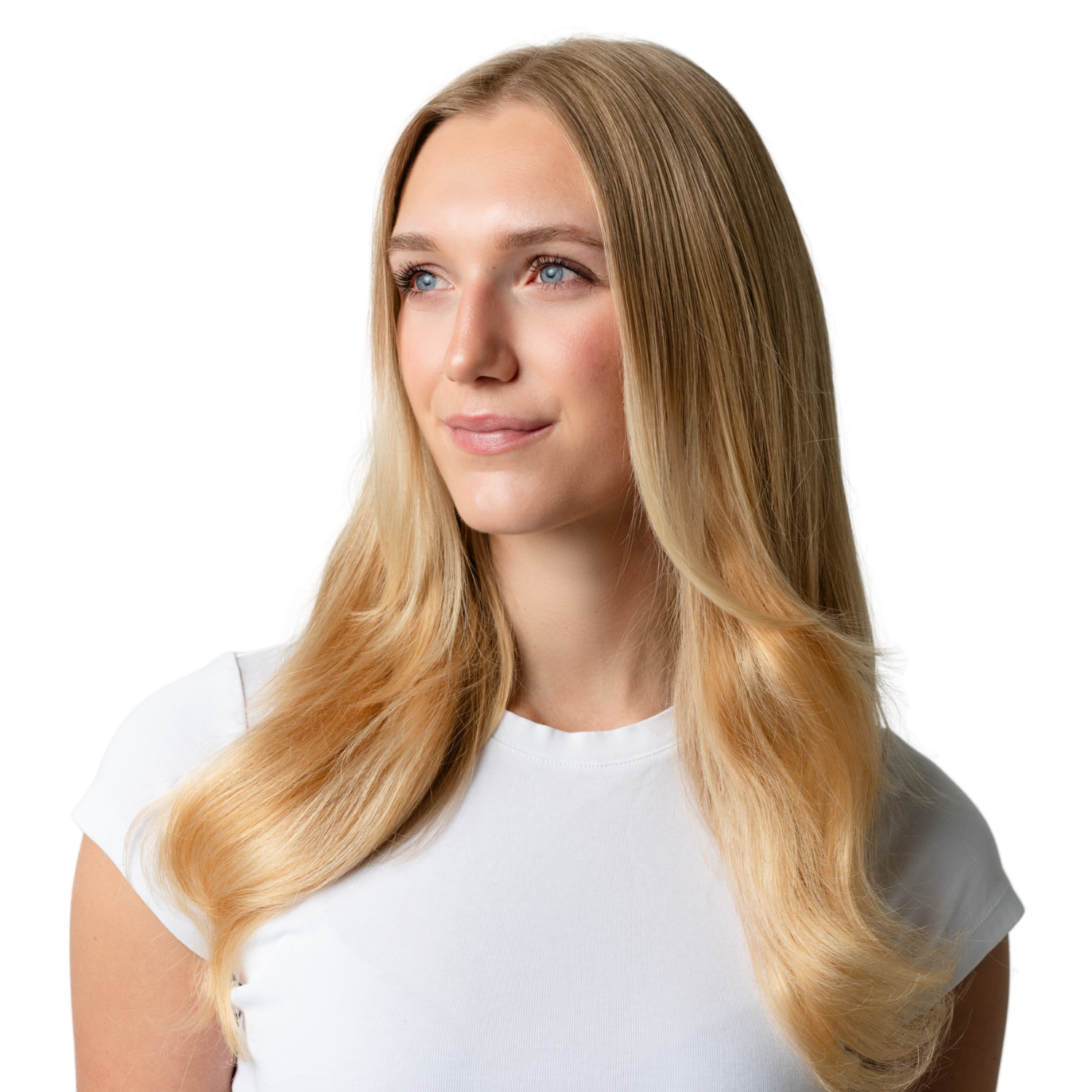 Model with straight blonde hair and face-framing layers looking to the side.