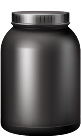 A large, black plastic jar with a silver lid.
