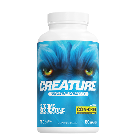 Bottle of Creature Creatine Complex dietary supplement with blue creature design.