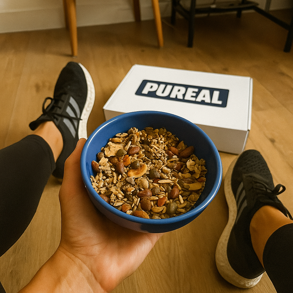 Person holding a bowl of mixed nuts and seeds, with a 'PUREAL' box in the background.