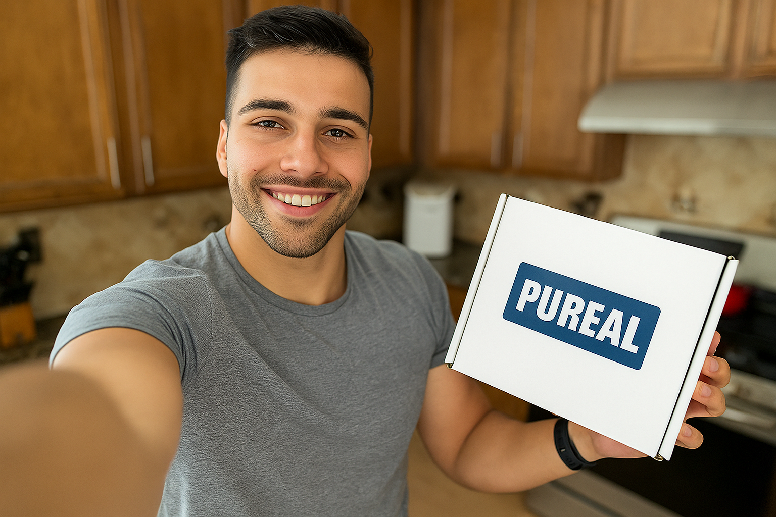 Smiling person holding a box labeled 'PUREAL' in a kitchen.