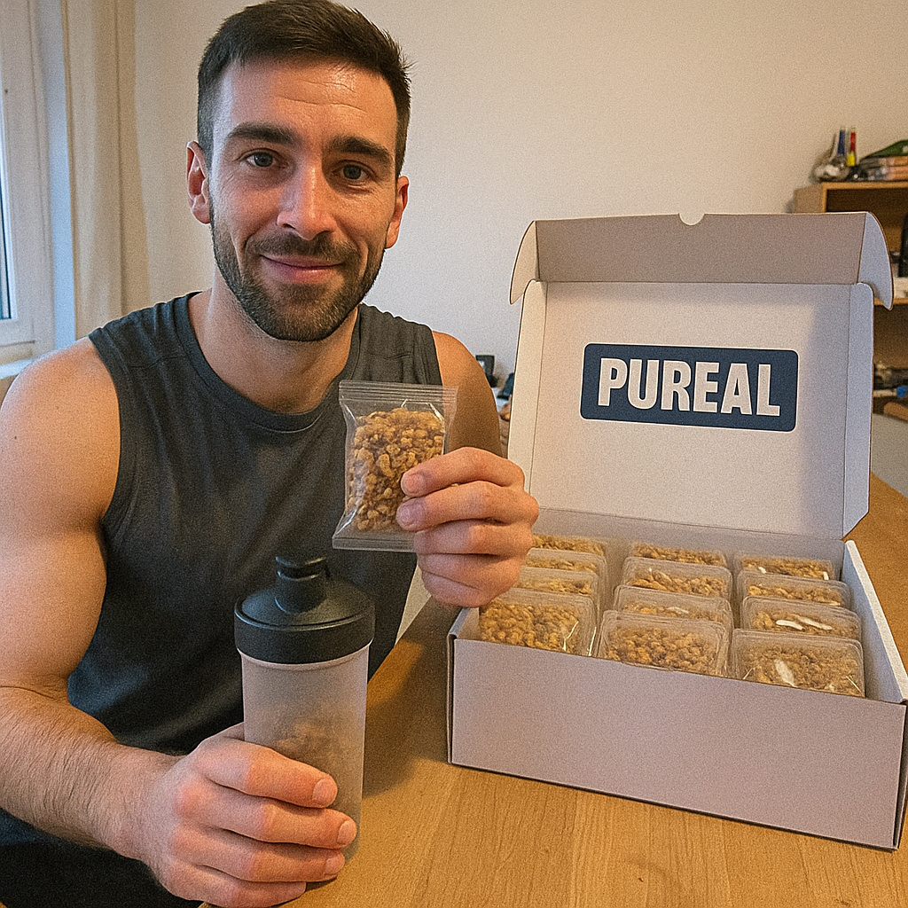 Person holding a snack pack and shaker bottle next to a box labeled 'PUREAL'.